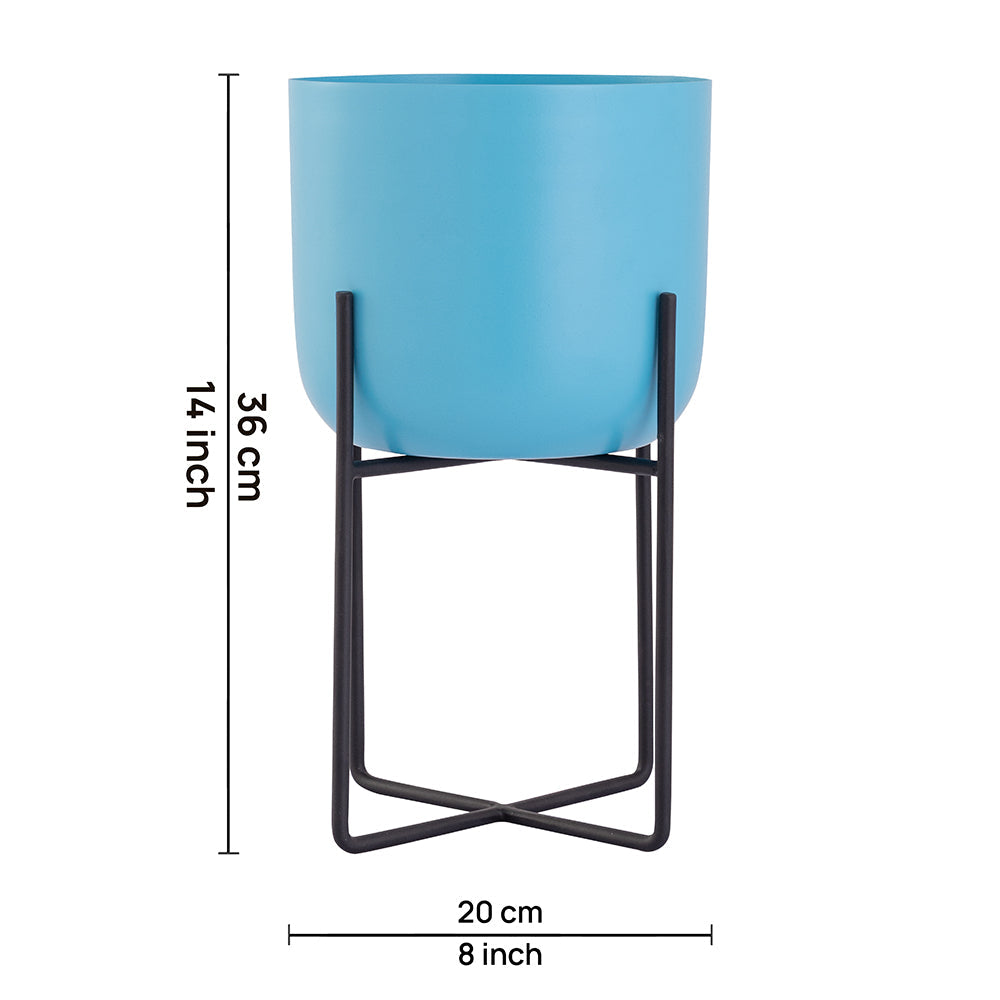 Blue Metal Table Planter With Stand For Indoor Plants And Flowers