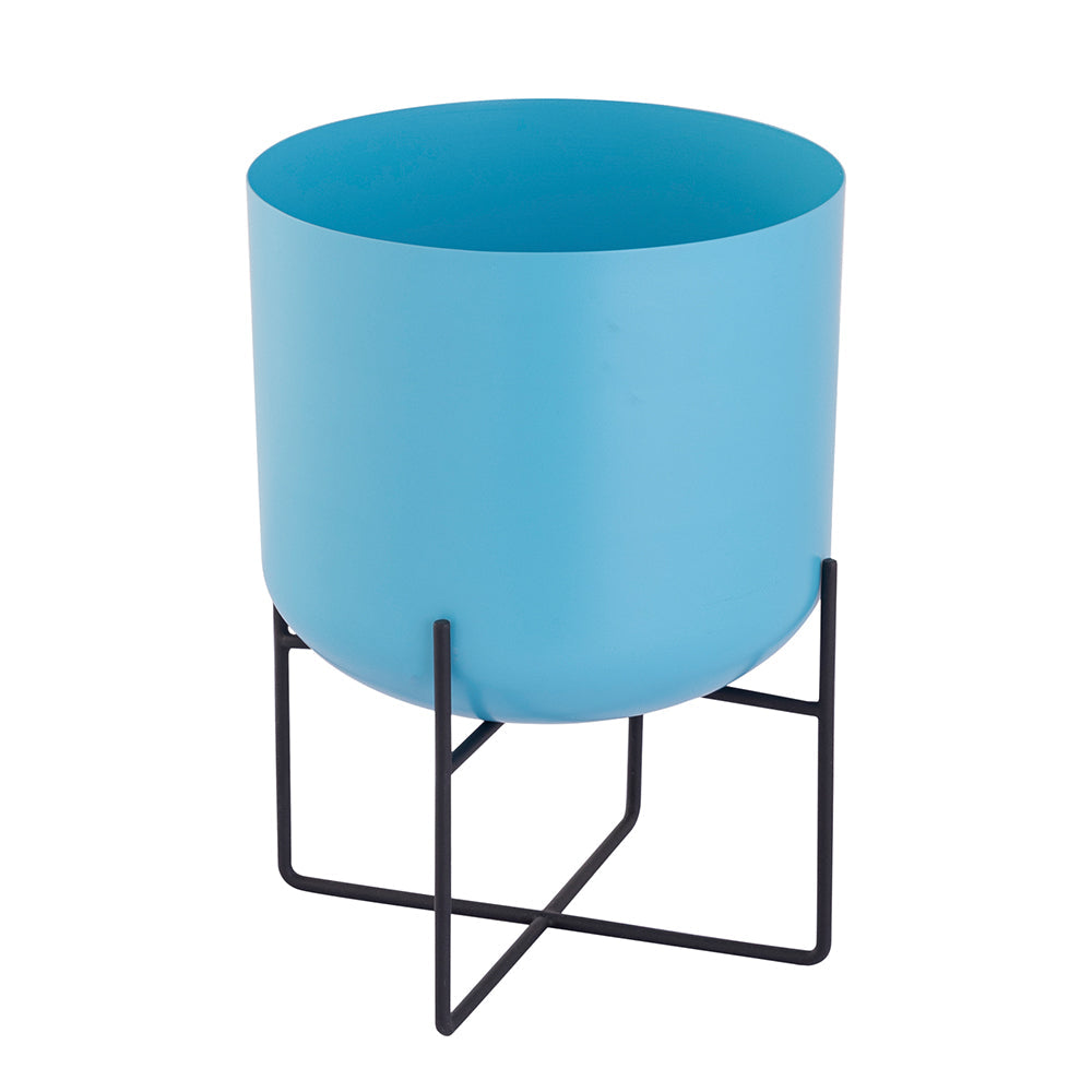 Blue Metal Table Planter With Stand For Indoor Plants And Flowers