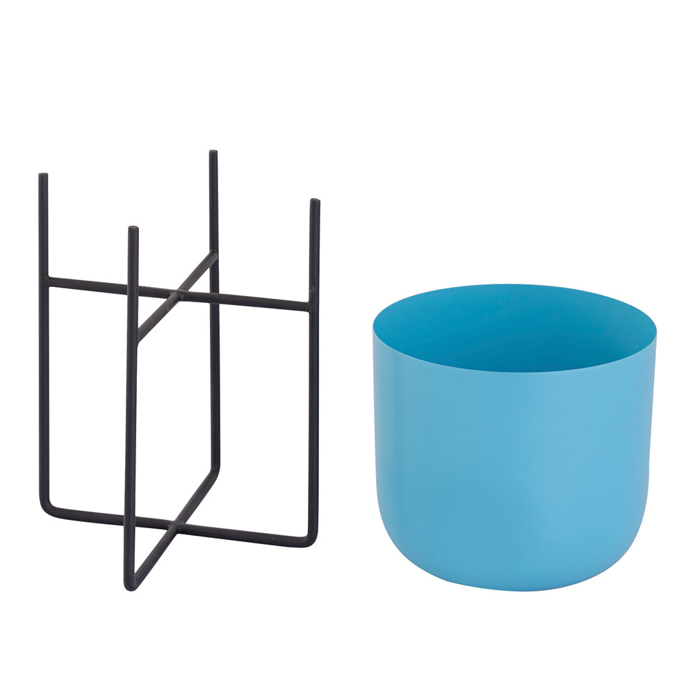Blue Metal Table Planter With Stand For Indoor Plants And Flowers