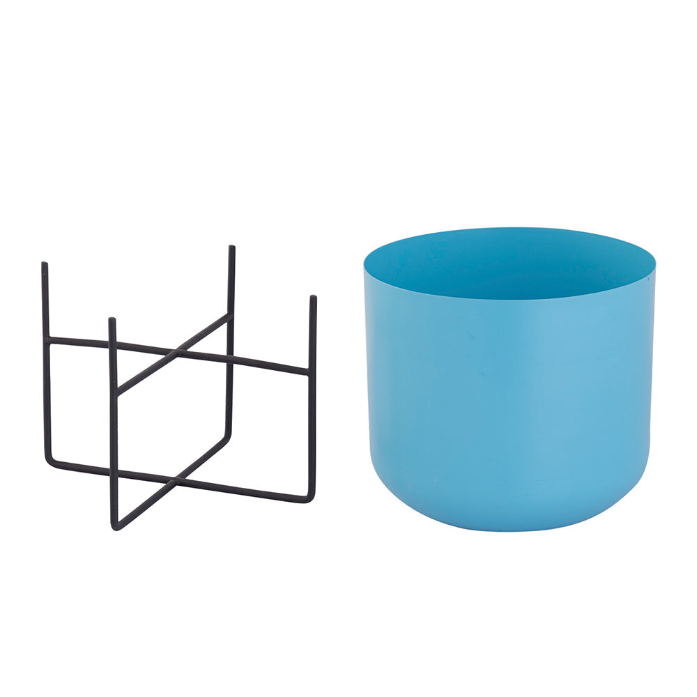 Blue Metal Table Planter With Stand For Indoor Plants And Flowers