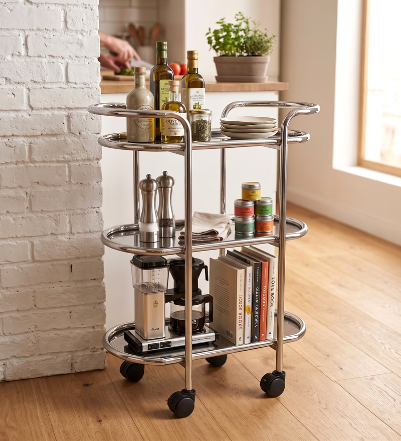 Metal 3 Tier Serving Trolley, Oval - Silver