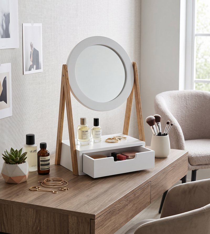Wooden Vanity Mirror With Storage Drawer - White