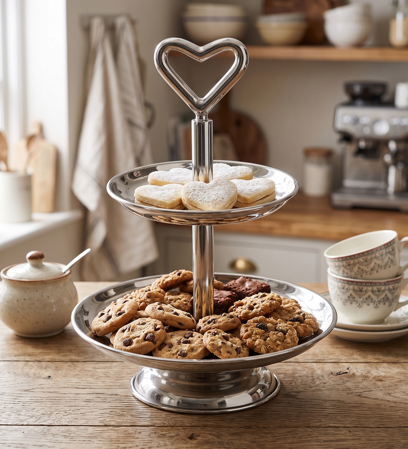 2 Tier Serveware With Heart Shape Handle - Silver