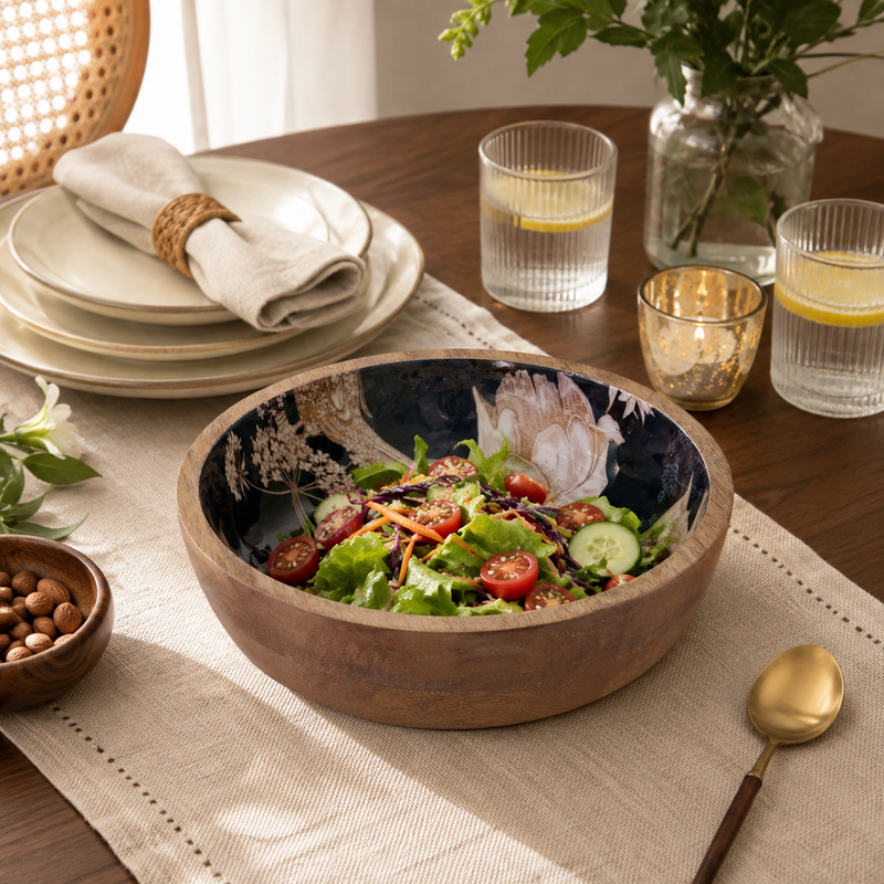 Alric Wooden Serving Bowl - Natural & Blue
