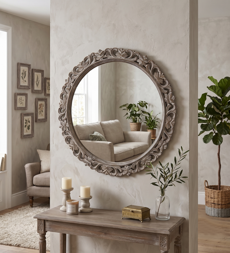 Round Wall Mirror With Wooden Frame - Natural