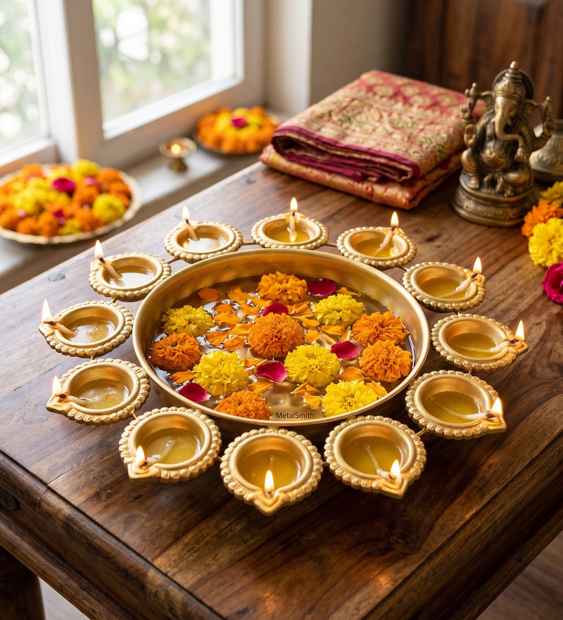 Metal Urli With 12 Attached Diya - Gold