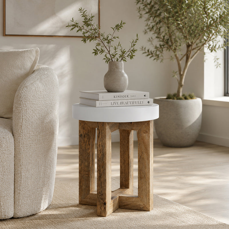 Denzo Wooden Stool - White & Natural