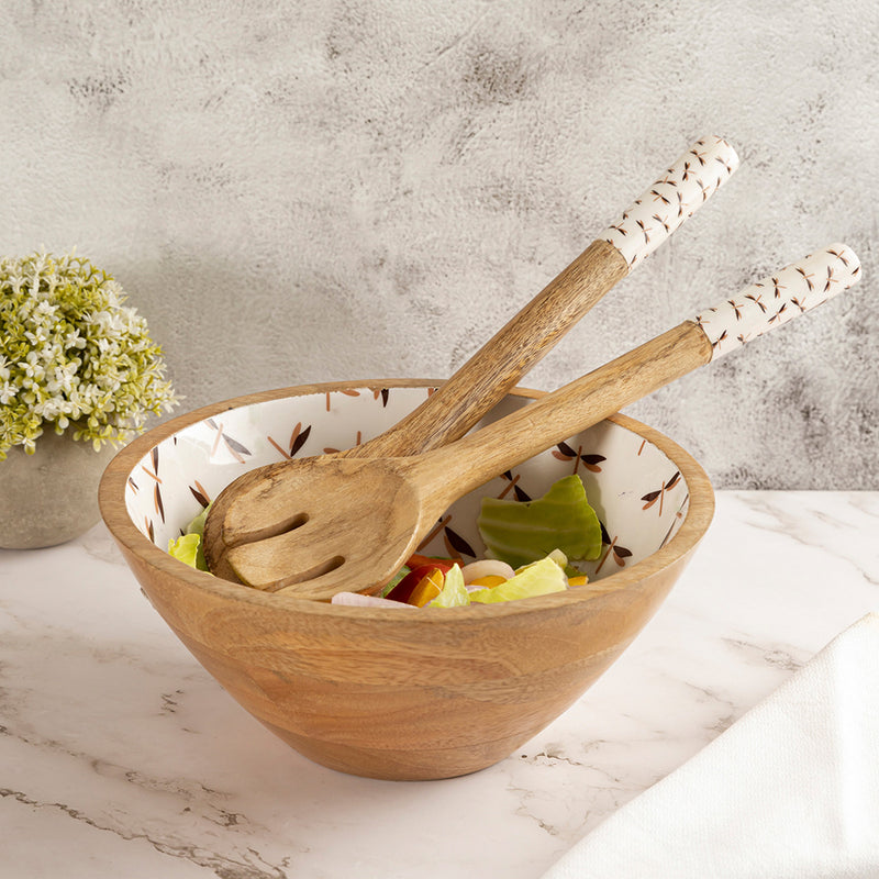 Wooden Serving And Decor Bowl With Spoon For Home, Kitchen And Office Beige