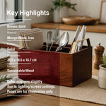 Wooden Cutlery Holder With Metal Handle For Dining Room, Kitchen And Desk