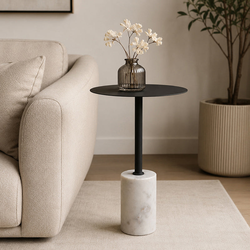 Emmy Metal Side Table With Marble Base  - Black