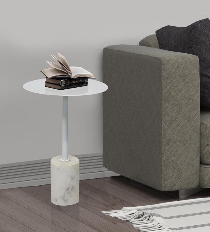 Emmy Metal Side Table With Marble Base - White