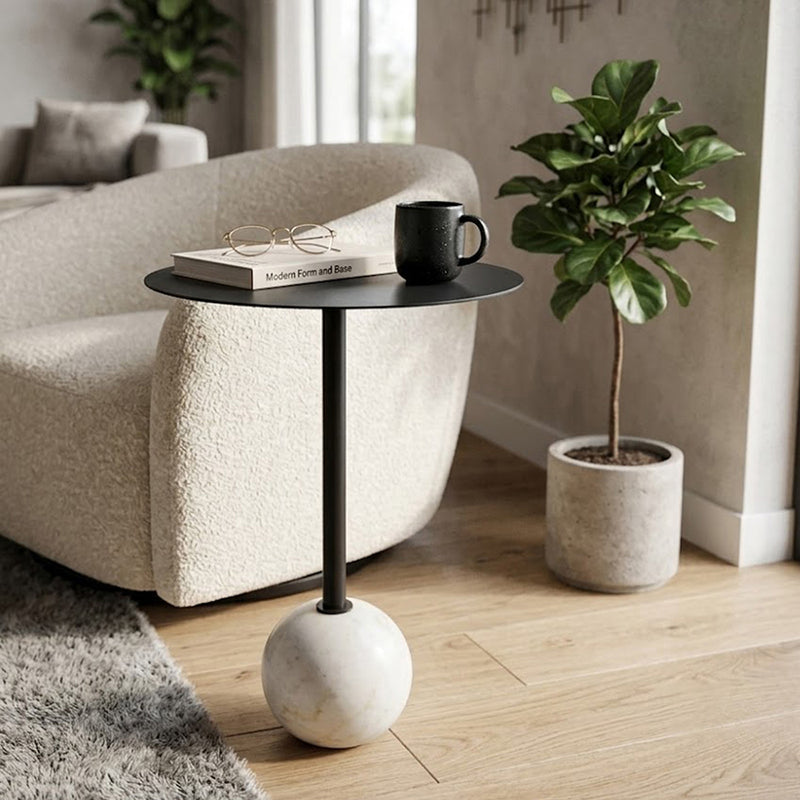 Emmy Metal Side Table With Round Marble Base - Black