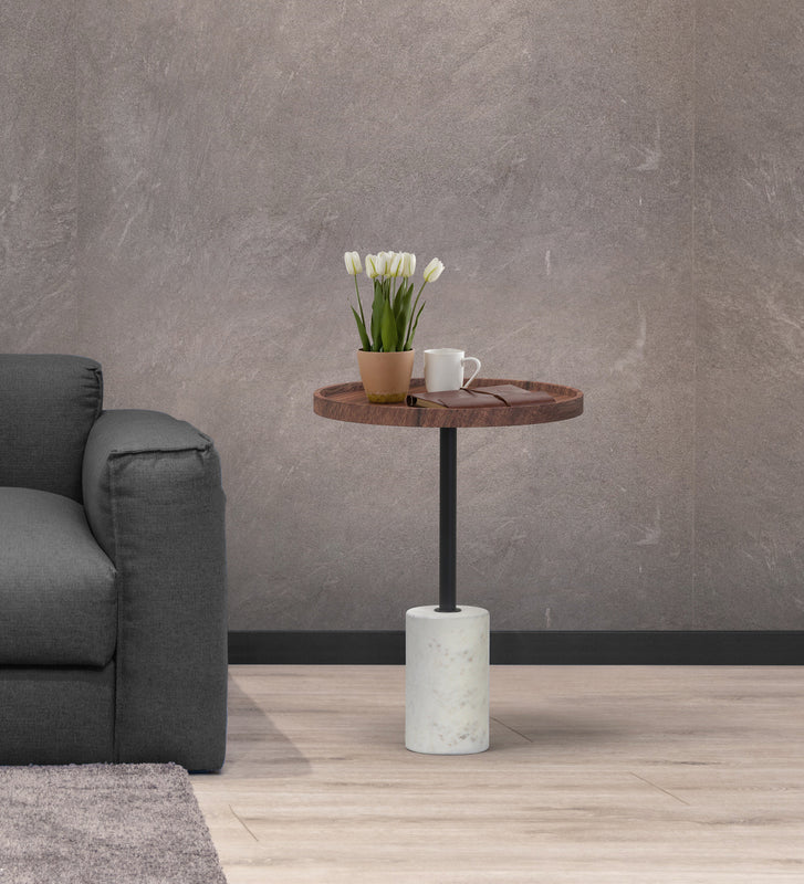 Riso Wooden Side Table With Marble Base - Brown
