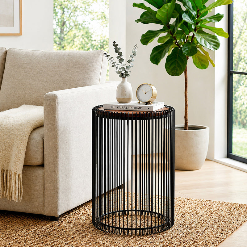 Cage Metal Stool With Wooden Top - Black