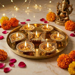 Silver Diya Set With Thali For Decor And Pooja (Set Of 8)
