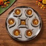 Silver Diya Set With Thali For Decor And Pooja (Set Of 8)