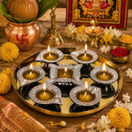 Aluminium Diya Set With Thali (Gold Finished) For Decor And Pooja (Set Of 8)