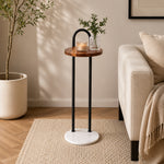 Metal Side Table With Marble Base - Brown