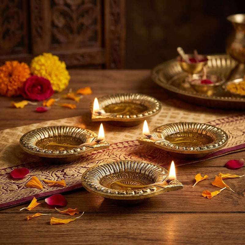 Pack Of 4 Aluminium Diyas For Pooja And Gift