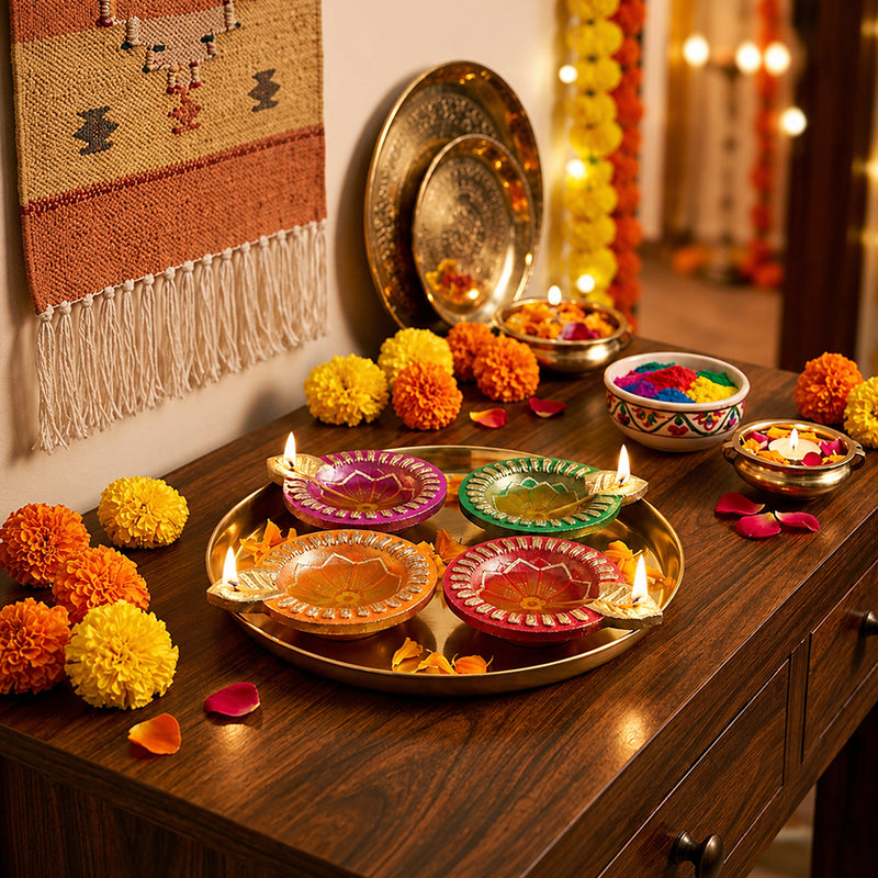 Aluminium 4 Diya With Plate For Pooja And Gift