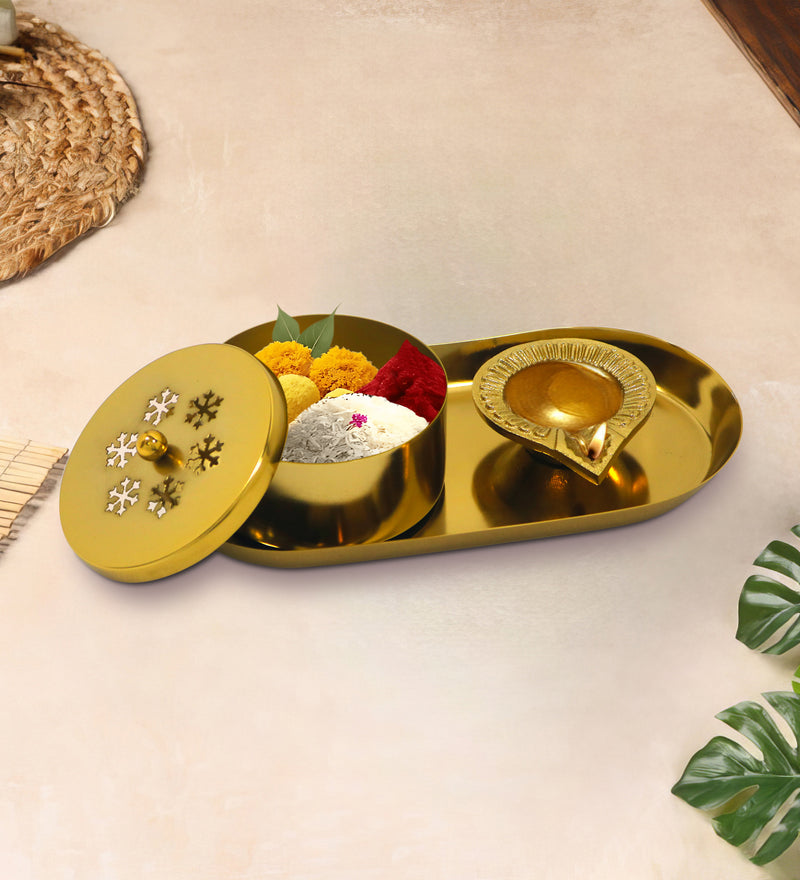 Aluminium Diya With Kumkum Box And Plate For Pooja And Gift