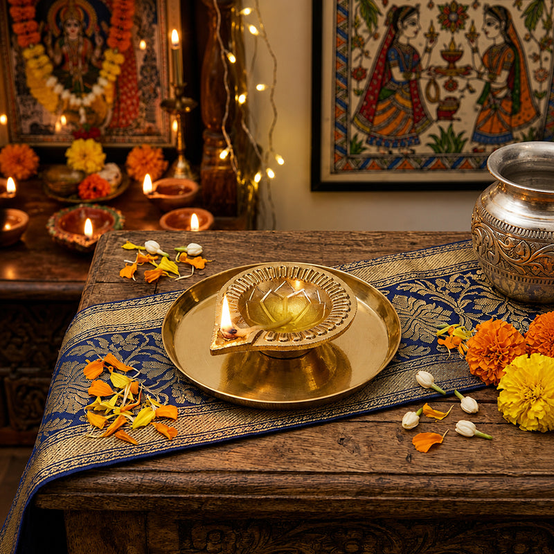 Metal Diya With Plate - Gold