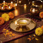Metal Diya With Plate - Gold
