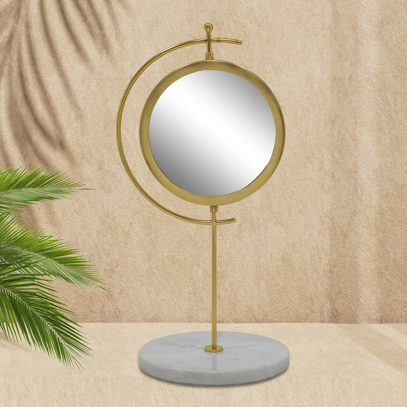 Vanity Mirror With Marble Base, Round - Gold