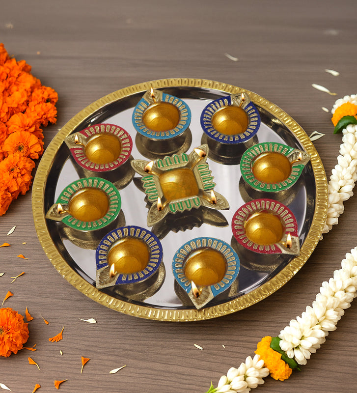 Metal Diya With Thali, Set of 10 - Multi-Color
