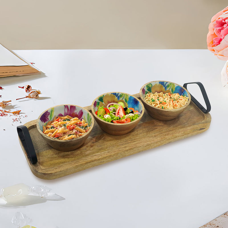 Cirra Wooden Serving Tray With 3 Bowls - Natural