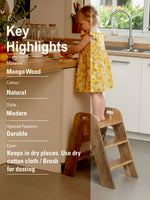 Mango Wood Foldable 3-Step Wide Anti Slip Ladder-Natural