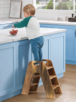 Mango Wood Foldable 3-Step Wide Anti Slip Ladder-Natural