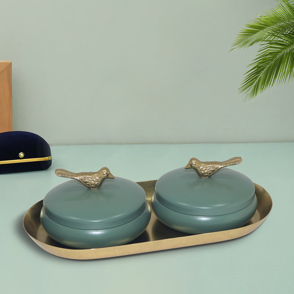 Buy Metal Serveware Box With Tray, Set Of 3 - Green Online | Metalsmith