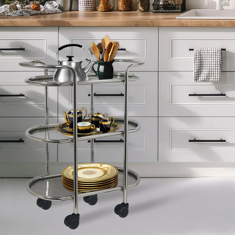 Metal 3 Tier Serving Trolley, Oval - Silver