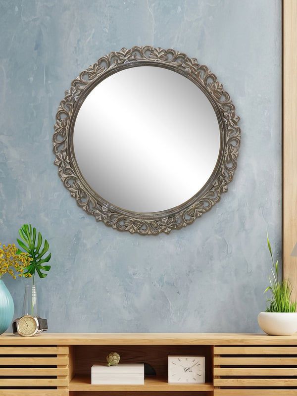 Round Wall Mirror With Wooden Frame - Natural