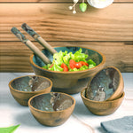 Multi-Set Wooden Serving Bowls | Natural Wood Exterior with Enamel Interior | Rustic & Modern Dinnerware