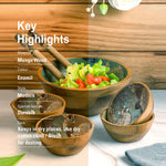 Multi-Set Wooden Serving Bowls | Natural Wood Exterior with Enamel Interior | Rustic & Modern Dinnerware