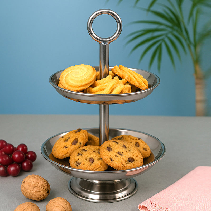Elegant  2-Tier Nickle Finish Steel Cupcake Stand | Metal Dessert Serving Tray | Classic Cookie Stand 2-Tier Dessert Display for Weddings & Birthdays