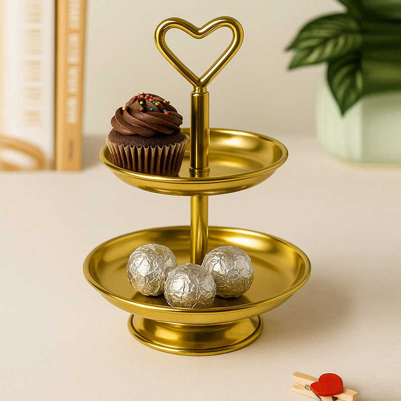 2 Tier Serveware With Heart Shape Handle - Gold