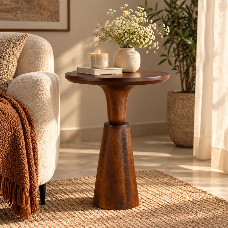 Noiré Sculpt Pedestal Side Table - Brown